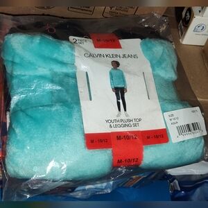 New Calvin Klein Girls Youth Plush Top & Legging 2-pc Set AQUA BLACK M 10/12 NWT